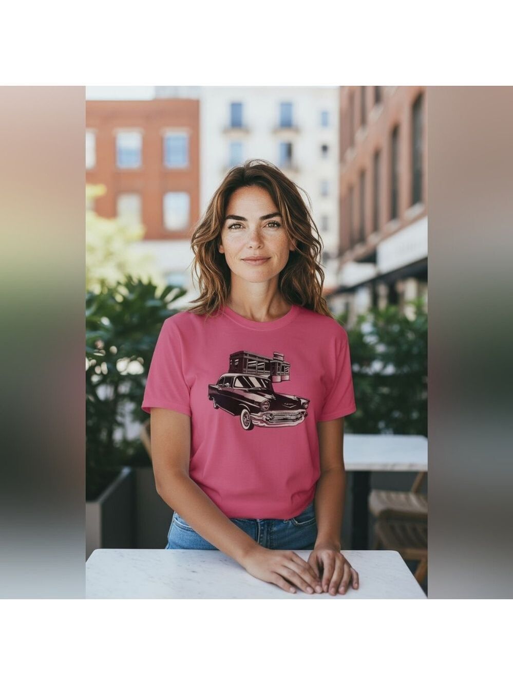 57 Chevy Car In Front Of Diner Ladies Short Sleeve T-shirt Size M